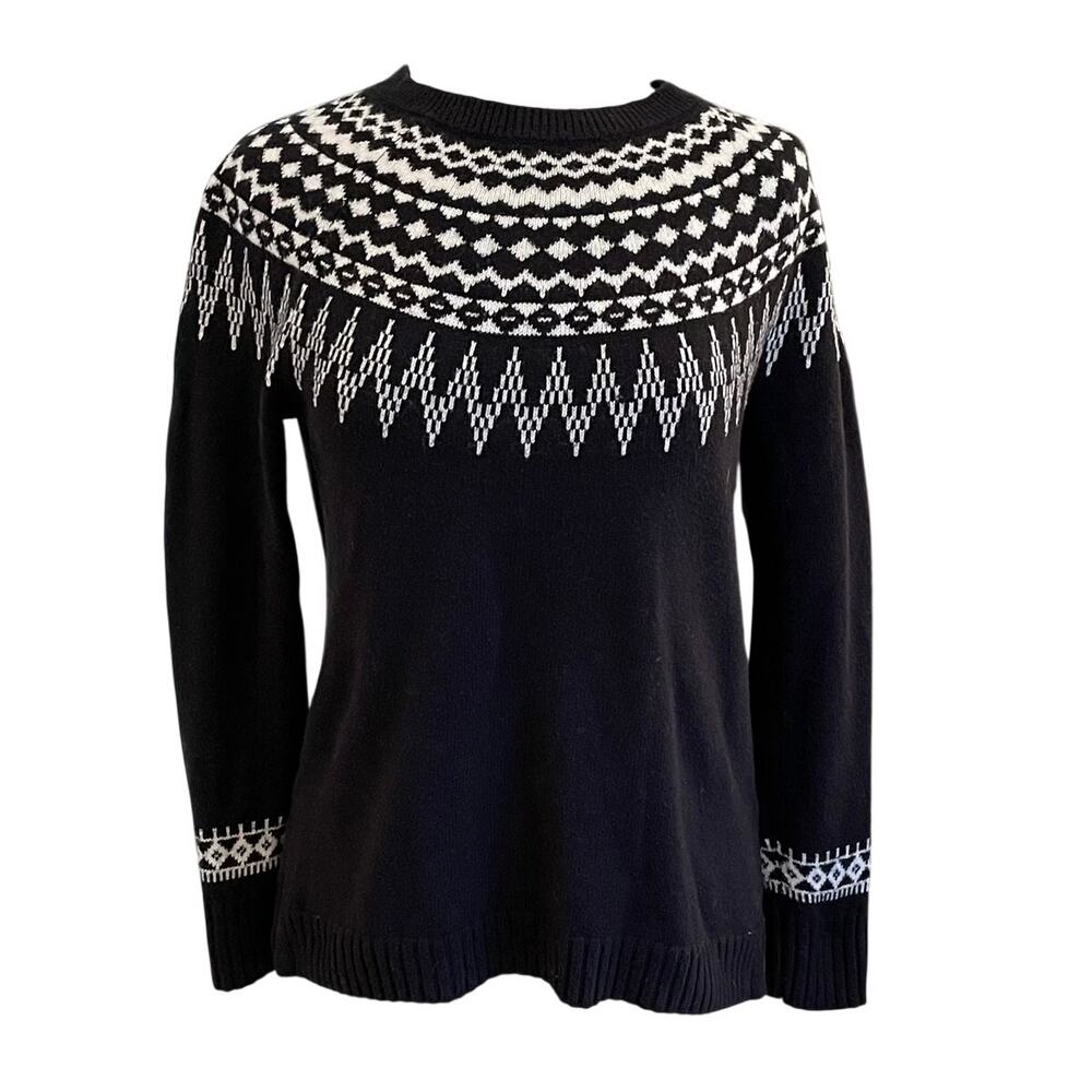 Talbots Cotton Wool Blend Crewneck Fair Isle Sweater, Black Ivory, Alpine, Sz M